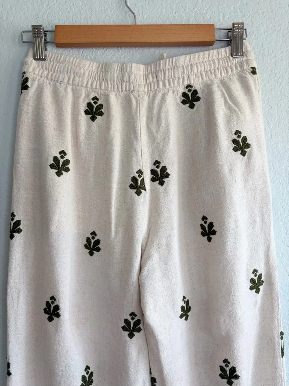 Zara Cream Linen Blend Wide-Leg Embroidered Drawstring Pants, Size XS